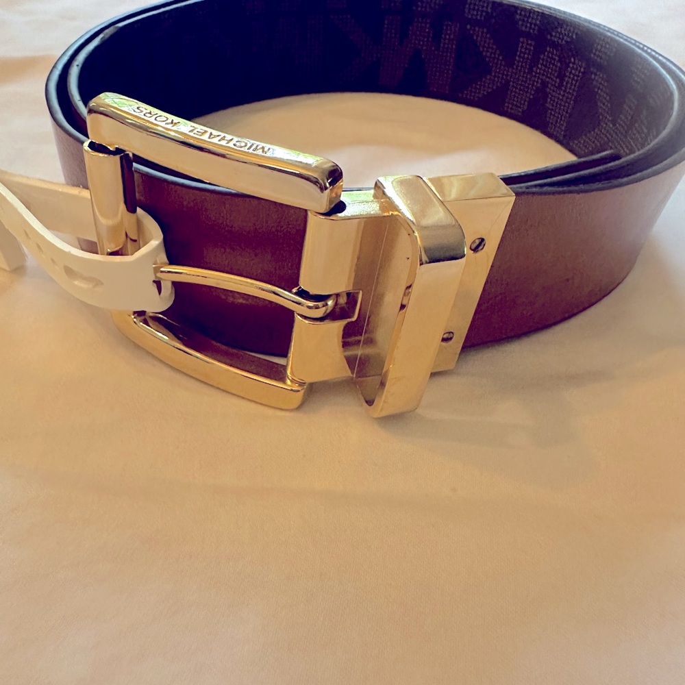 Michael Kors Brown Monogram Reversible Belt with Gold Buckle